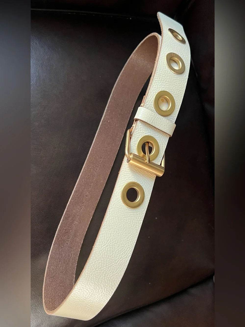 AllSaints Womens Grommet Eyelet Leather Belt L Roe Off White Brass 1.5” NWOT